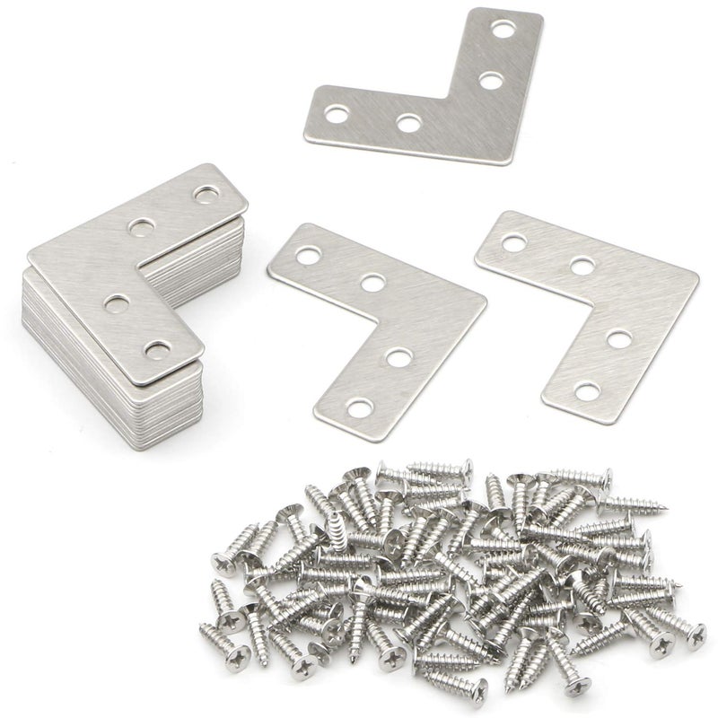 Pxyelec Flat L Shape Corner Brace, 4 Holes Angle Plate Bracket for Wooden Furniture Repair Connector Fixing, 40x40mm (1.57x1.57 inch) 20 Pack, Stainless Steel Silver Plated Joint Fixture Protector - Image 1